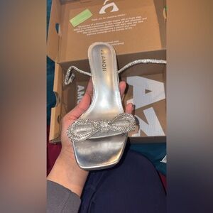 Silver Heels with Rhinestone Bow